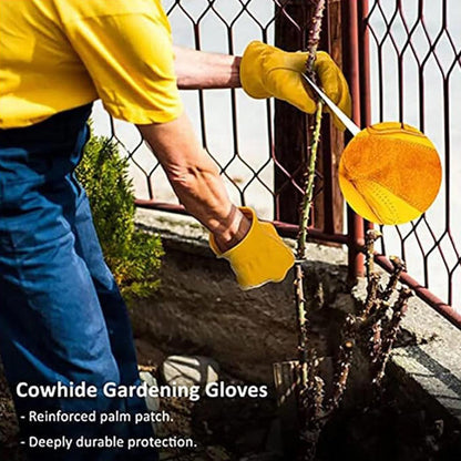 Golden Yellow Cowhide Work Gloves Full Finger Gardening DIY Home Maintenance Use - XL.