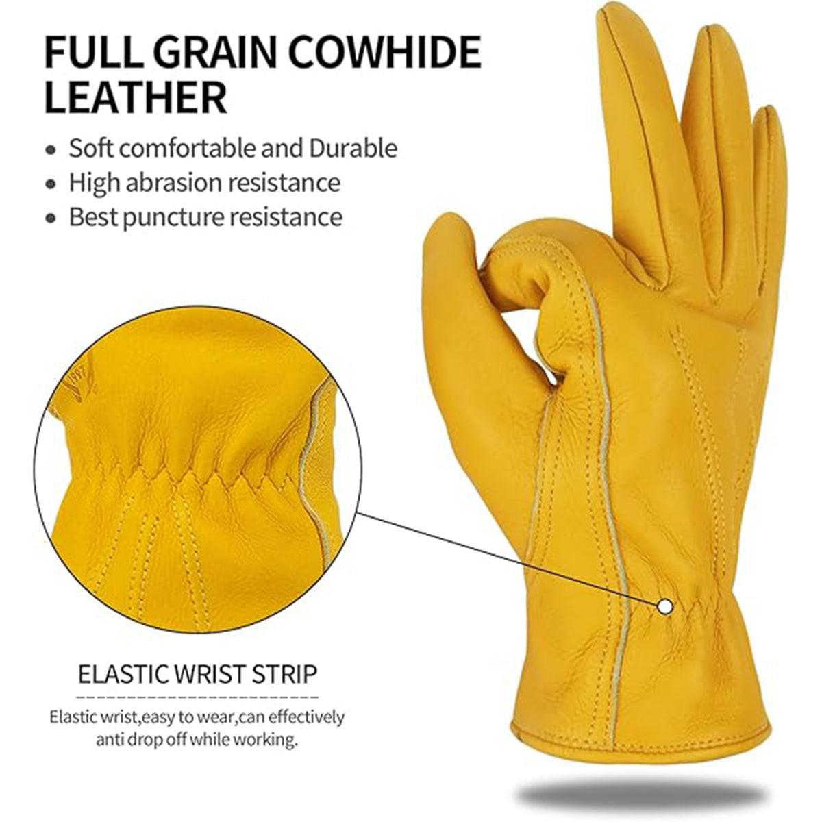 Golden Yellow Cowhide Work Gloves Full Finger Gardening DIY Home Maintenance Use - XL.