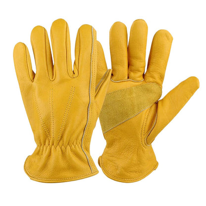 Golden Yellow Cowhide Work Gloves Full Finger Gardening DIY Home Maintenance Use - XL.