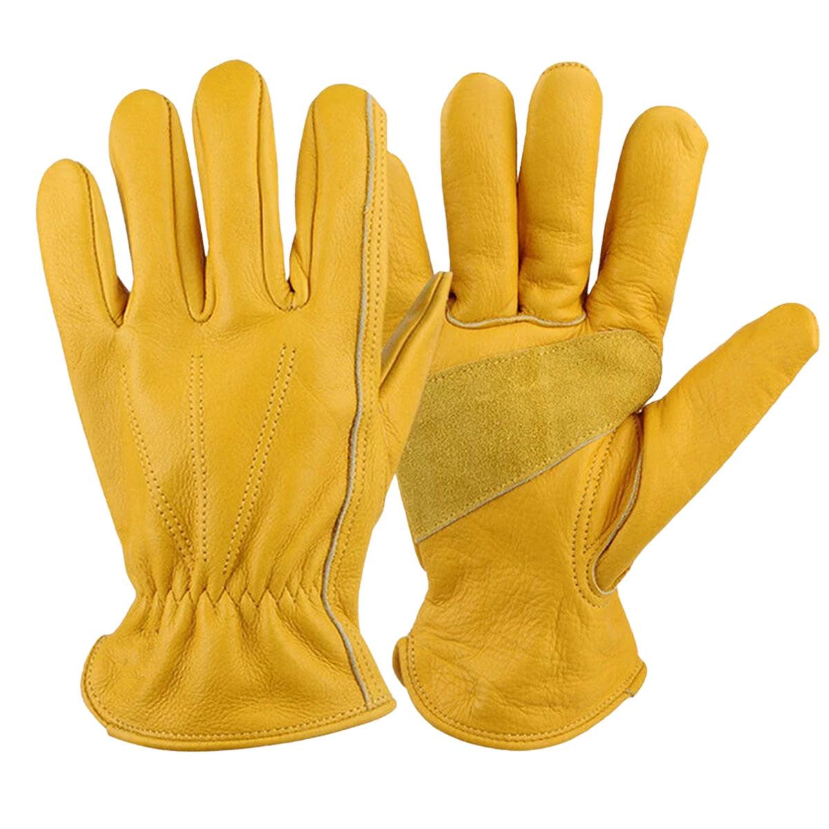 Golden Yellow Cowhide Work Gloves Full Finger Gardening DIY Home Maintenance Use - XL.