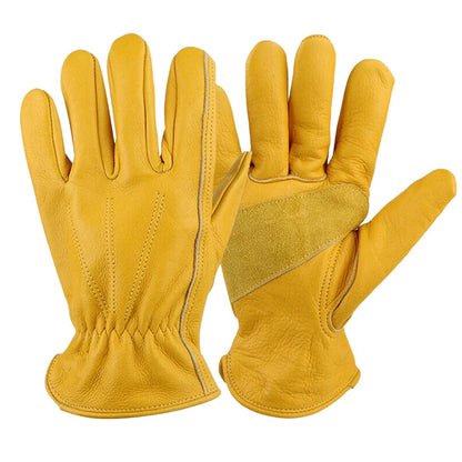 Golden Yellow Cowhide Work Gloves Full Finger Gardening DIY Home Maintenance Use - XL.