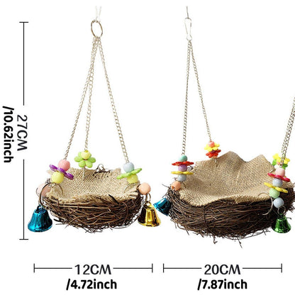 Bird Parrot Swing Stand Rattan Nest Hanging Basket Chew Toy for Small Medium Pet - S-12cm