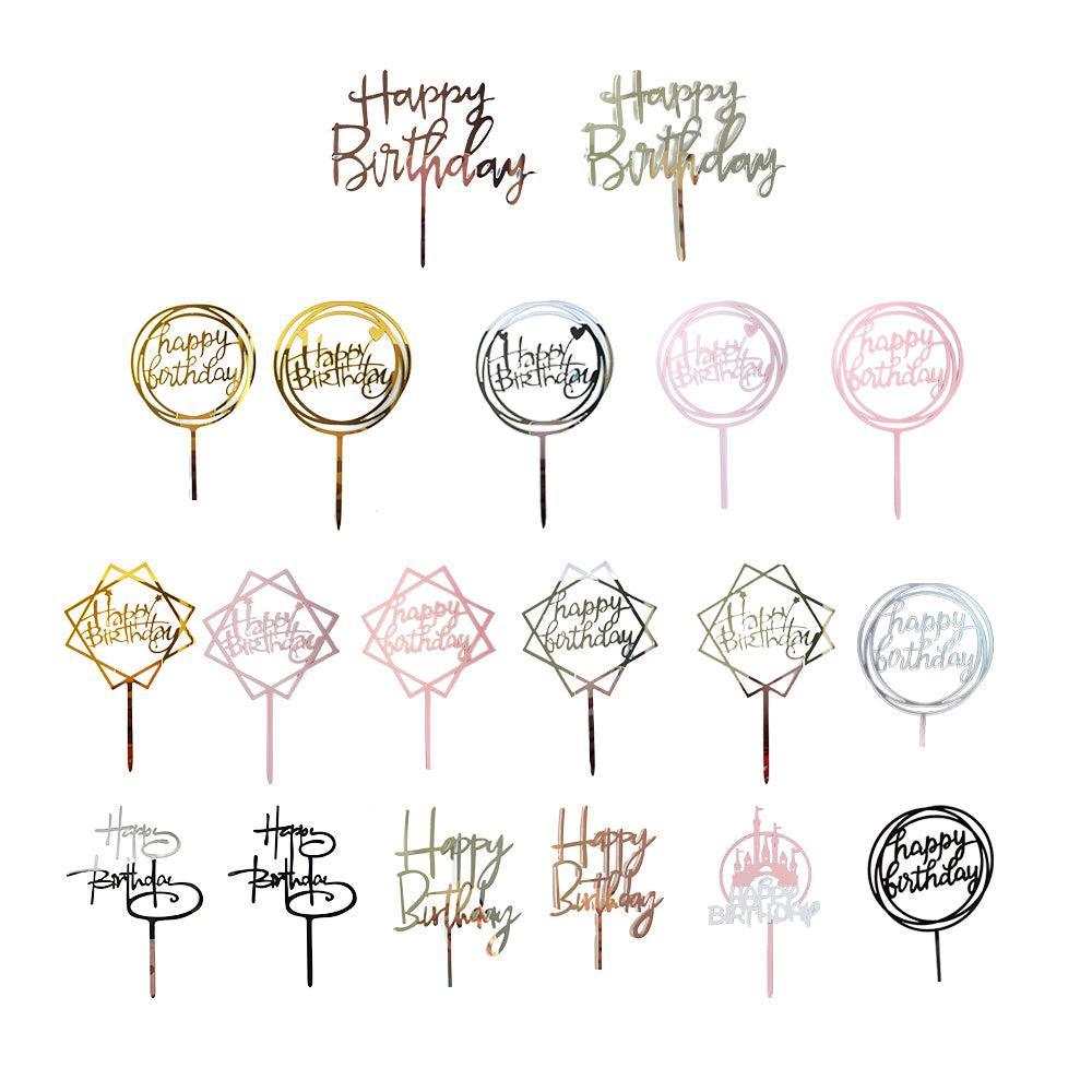 Acrylic Home Happy Birthday Decor Baking Cake Topper Card Party Decor Supply - Silver S24