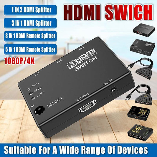 HDMI Switch Splitter 3-in-1 5-in-1 or 1-in-2 1080p 4K Manual or Remote Options - 3 in 1 Switch 4K Manual.