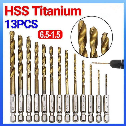 13pcs Quick Change Hss Titanium Drill Bits Hex Shank Set Soft Metal Wood Timber.