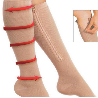Zip Sox Compression Socks Zipper Leg Support Knee Open Toe Shaper Stockings Beige - L/XL