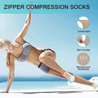 Zip Sox Compression Socks Zipper Leg Support Knee Open Toe Shaper Stockings Beige - XXL