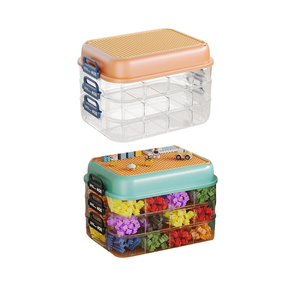 3-Layer Stackable Storage Box for Building Blocks Toy Organizer with Sorting Trays - Orange.