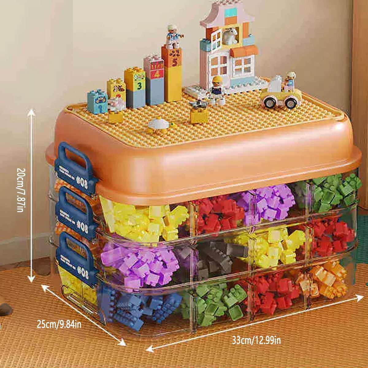 3-Layer Stackable Storage Box for Building Blocks Toy Organizer with Sorting Trays - Orange.