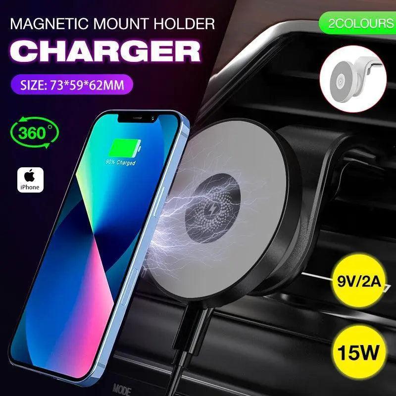 Wireless 15W Magnetic Car Mount Holder Charger For Iphone 13 12 Pro Max Magsafe - Black.