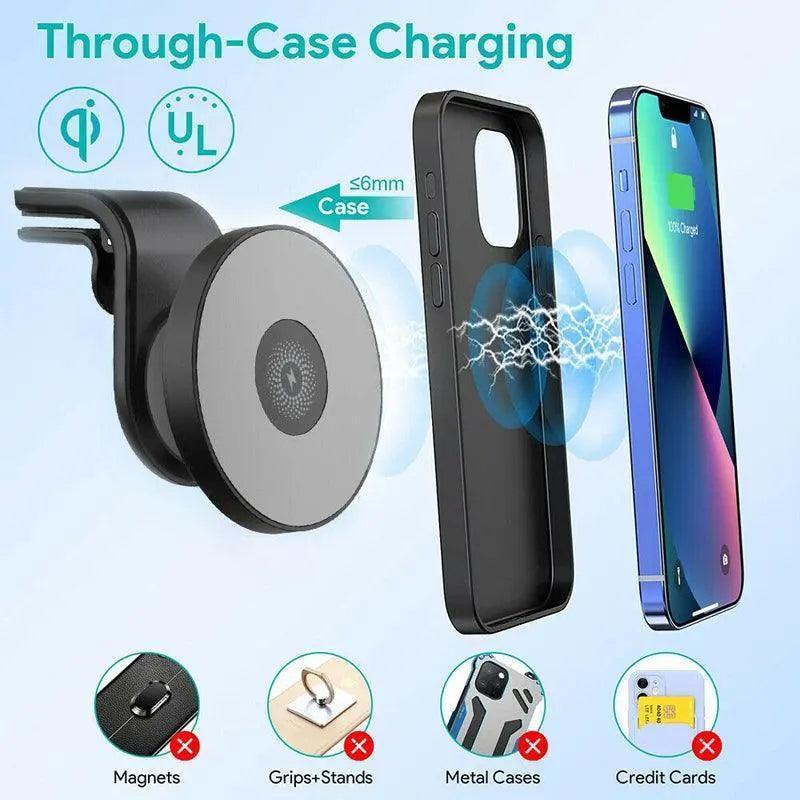 Wireless 15W Magnetic Car Mount Holder Charger For Iphone 13 12 Pro Max Magsafe - Black.