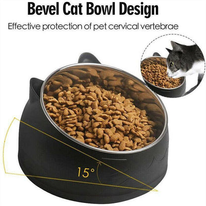 Pet Dog Cat Food Bowl Raised No Slip Stainless Steel Tilted Water Food Feeder - White