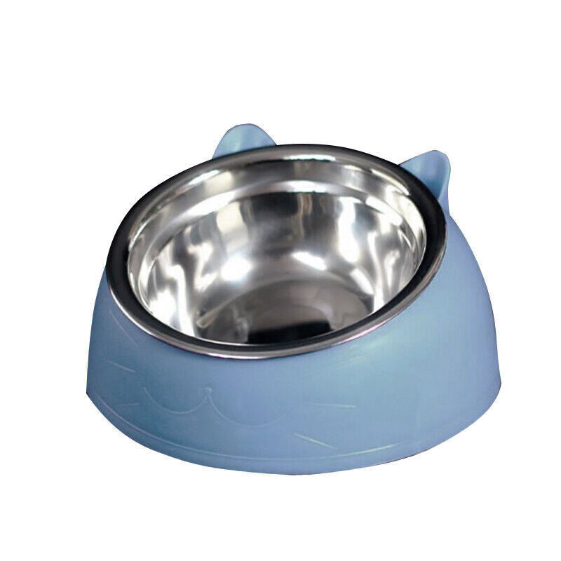 Pet Dog Cat Food Bowl Raised No Slip Stainless Steel Tilted Water Food Feeder - White