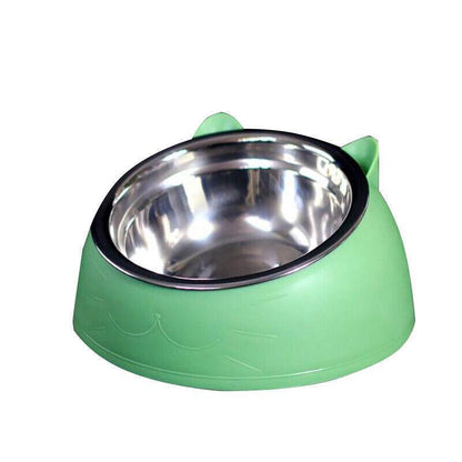 Pet Dog Cat Food Bowl Raised No Slip Stainless Steel Tilted Water Food Feeder - White
