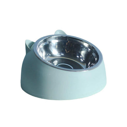 Pet Dog Cat Food Bowl Raised No Slip Stainless Steel Tilted Water Food Feeder - White
