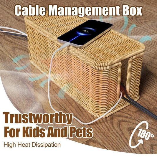 Desktop Cable Management Box with Cover Rattan Style Power Cord Organizer Case.