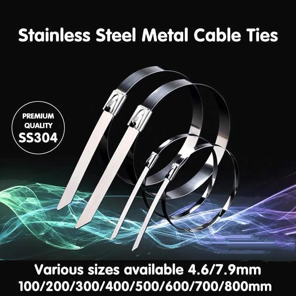 100x Stainless Steel Cable Ties SS304 Marine Grade Zip Strap Locking Wrap 100-800mm - 7.9*250mm