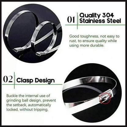 100x Stainless Steel Cable Ties SS304 Marine Grade Zip Strap Locking Wrap 100-800mm - 7.9*250mm