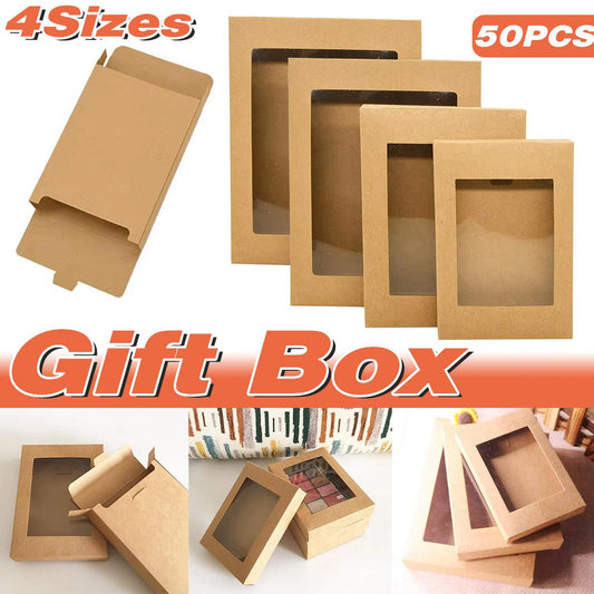 50PCS Kraft Paper Gift Boxes with PVC Window White Black Bakery Packaging Carton - L.