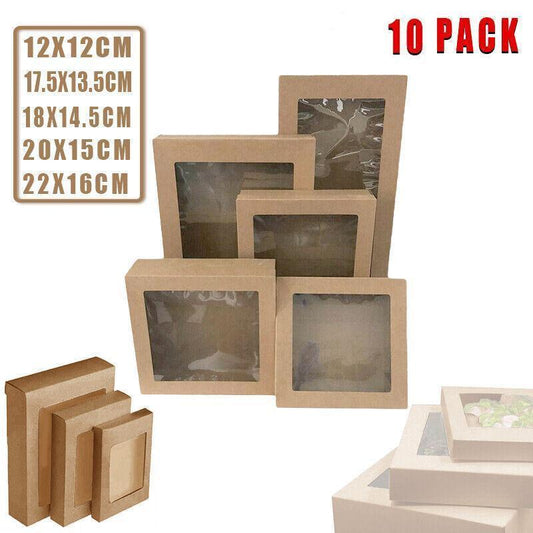 10 Pack Kraft Paper Boxes with Window Disposable Cardboard Gift Catering Trays - 20X15X5CM.