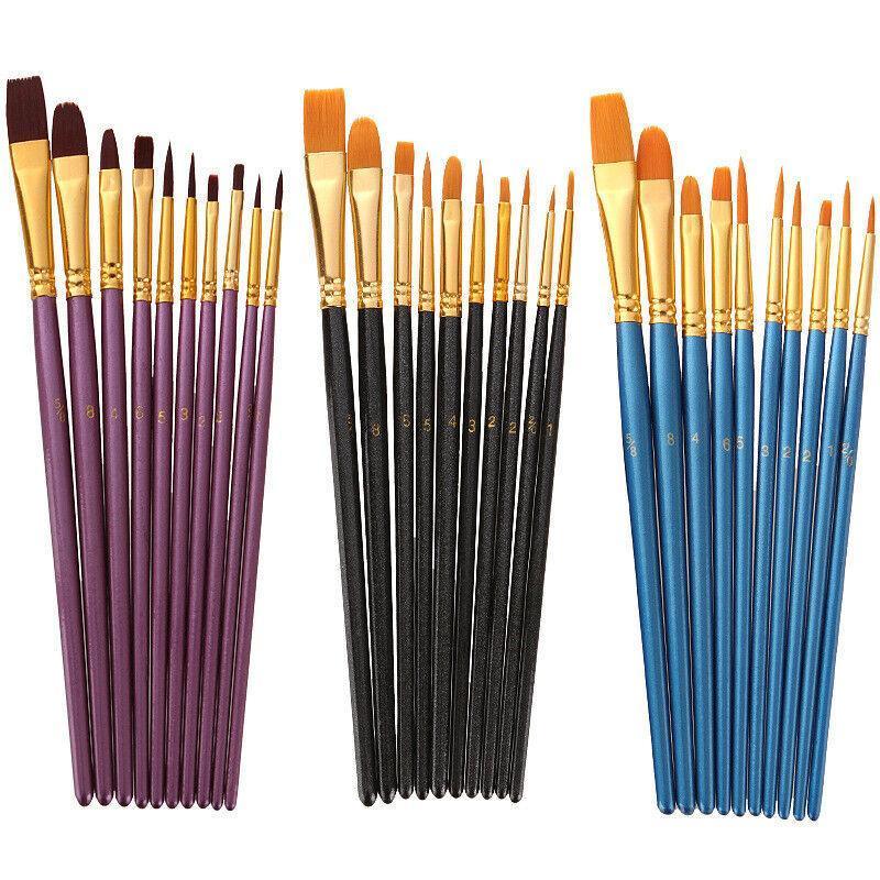 10pcs Artist Paint Brush Set Acrylic Oil Watercolour Gouache Painting Supplies - Black