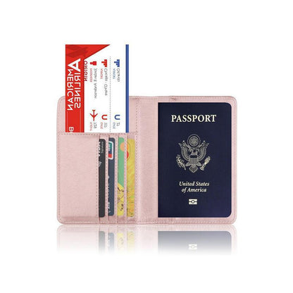 RFID Passport Holder Slim Leather Travel Wallet ID Card Cover Case for Men Women - Rose Red