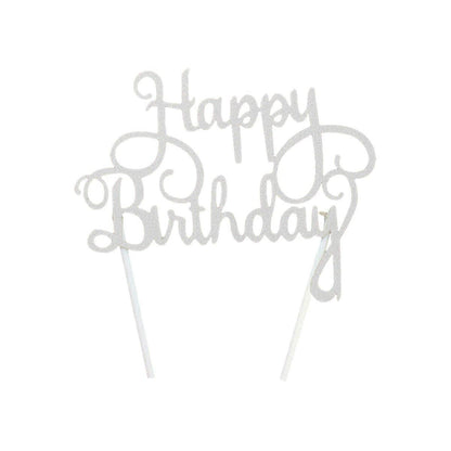 Happy Birthday Cake Topper Colour Printed Acrylic Party Decorations - Silver-Happy Birthday