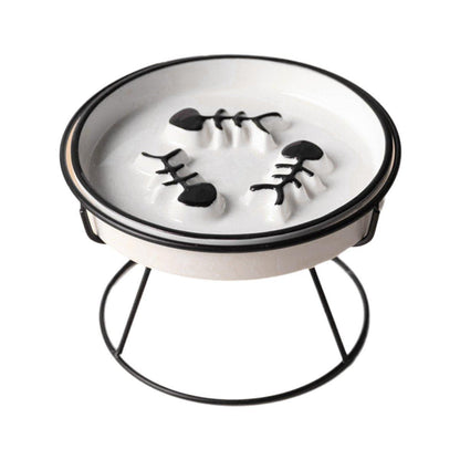 Ceramic Cat Bowl Slow Feeder Pet Food Tray for Cats and Dogs Non Slip Design - Black Bowl-Black Tray Rack