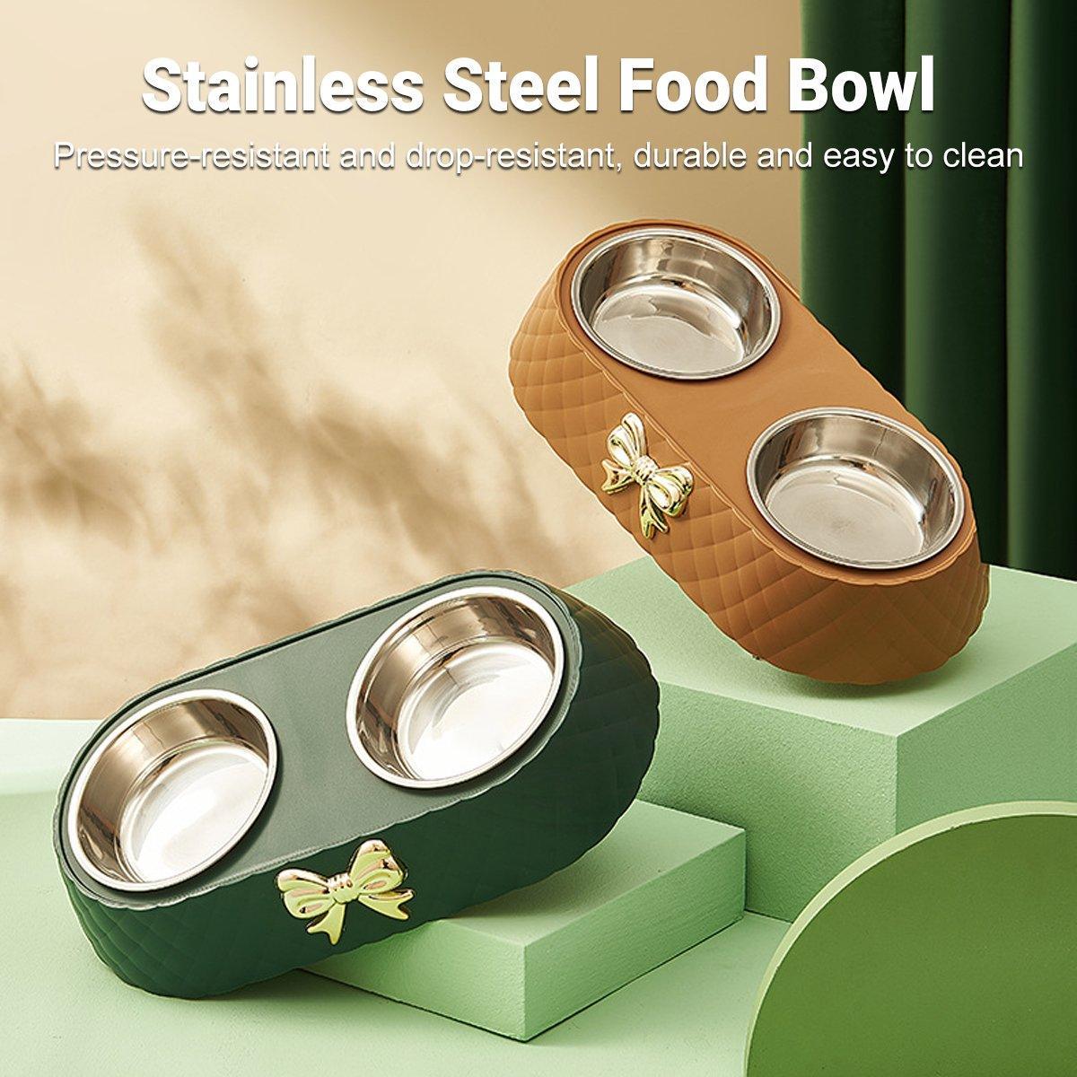 Stainless Steel Double Pet Bowl Non-Slip Anti-Knock Dog Cat Feeder Utensils - Green
