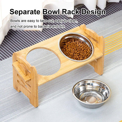 Wood Adjustable Elevated Raised Pet Dog Feeder Stainless Steel Bowl Water Stand