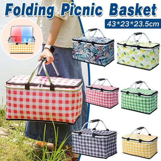 Foldable Picnic Basket Outdoor Camping Carrying Basket Portable Food Storage - Greenery.
