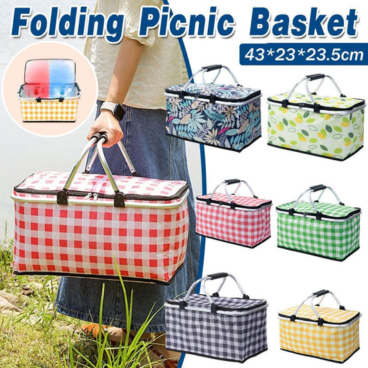 Foldable Picnic Basket Outdoor Camping Carrying Basket Portable Food Storage - Navy.