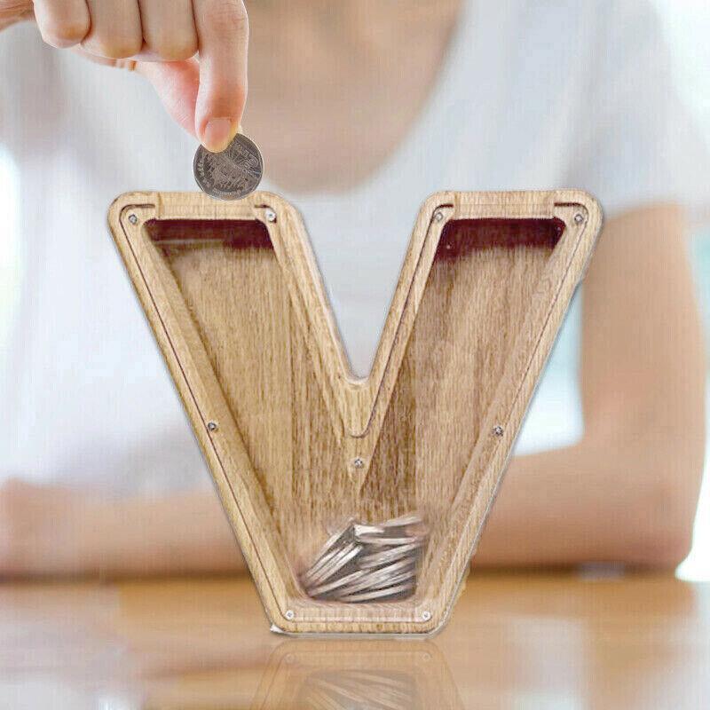 Wooden Piggy Bank Funny Letter or Guitar Coin Saving Money Box A–Z Gift Idea - N