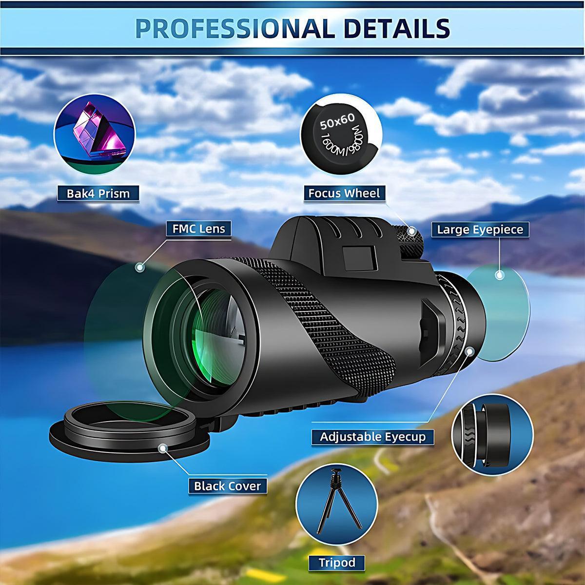 50x60 HD Monocular Telescope with Tripod and Phone Holder for Outdoor Travel.