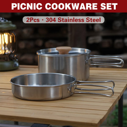 2PCS 304 Stainless Steel Camping Pot and Pan Set With Folding Handles Outdoor.