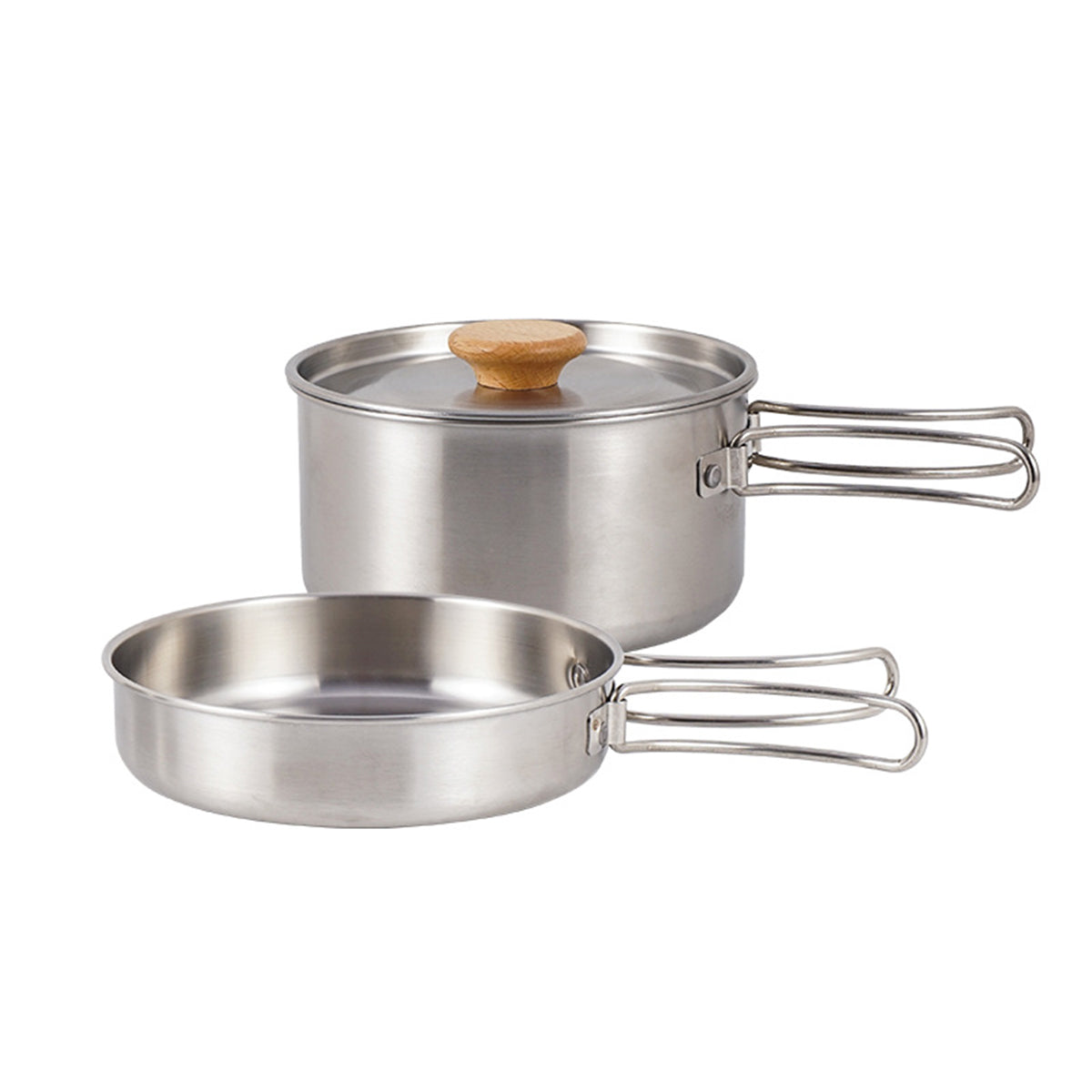 2PCS 304 Stainless Steel Camping Pot and Pan Set With Folding Handles Outdoor.