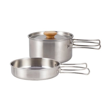 2PCS 304 Stainless Steel Camping Pot and Pan Set With Folding Handles Outdoor.