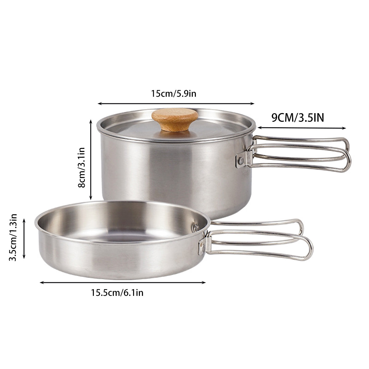 2PCS 304 Stainless Steel Camping Pot and Pan Set With Folding Handles Outdoor.