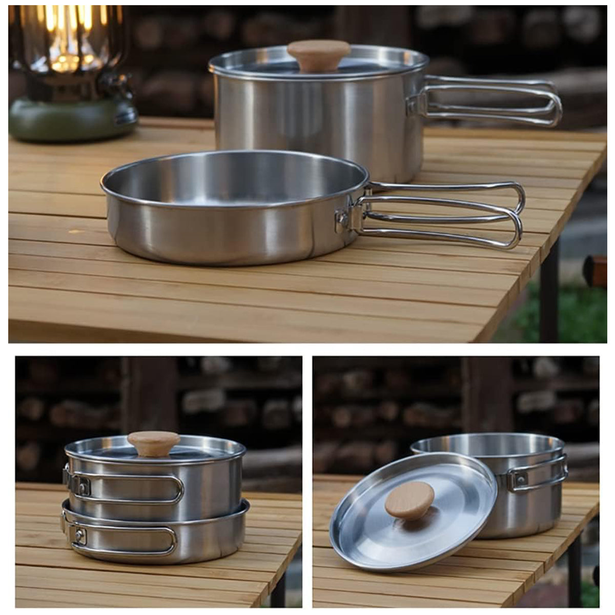 2PCS 304 Stainless Steel Camping Pot and Pan Set With Folding Handles Outdoor.