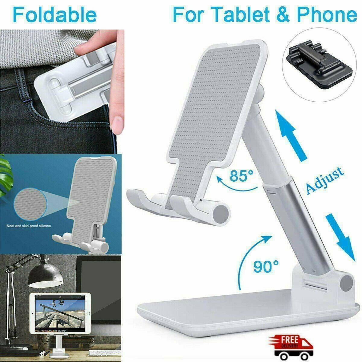Foldable Adjustable Universal Desk Stand Holder For Mobile Phone Tablet Portable - White.