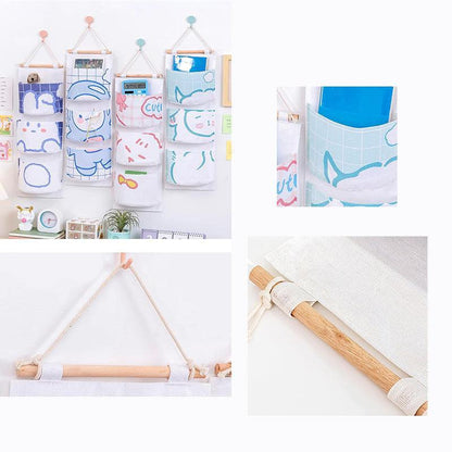 3 Pocket Hanging Storage Bag with Wooden Rod for Wall or Door Organisation - Rabbit