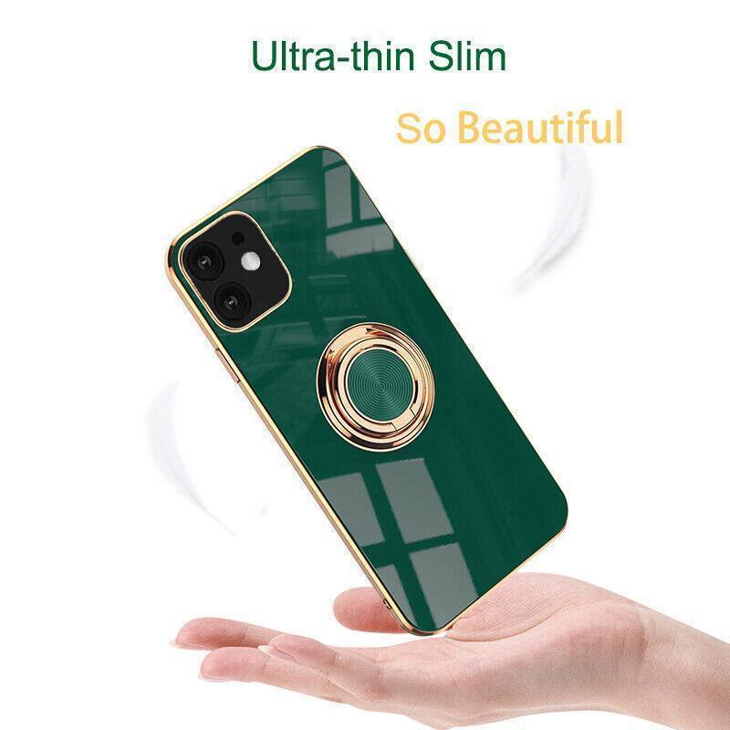 Dark Green Luxury Shockproof Silicone Ring Case Stand Cover for iPhone 14 13 12 Pro Max - iPhone 13.