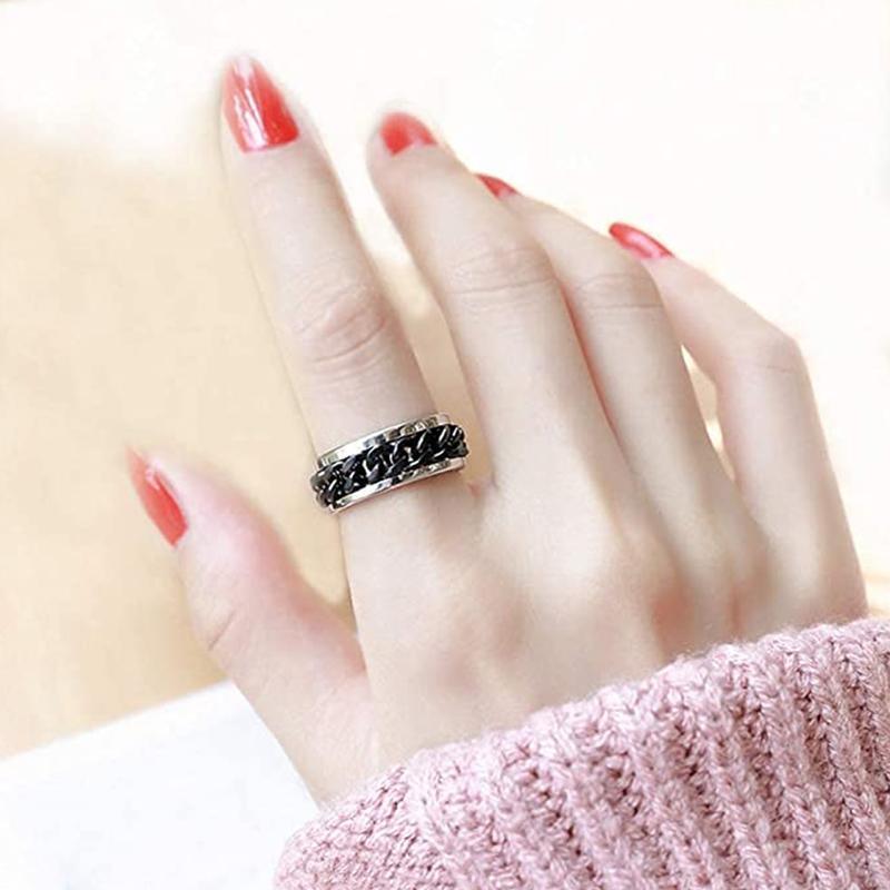 Spinner Rings Mens Womens Fidget Rotating Ring Silver Stainless Steel Size 6 - Black