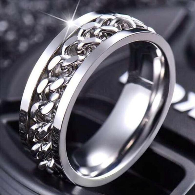 Spinner Rings Mens Womens Fidget Rotating Ring Silver Stainless Steel Size 6 - Black