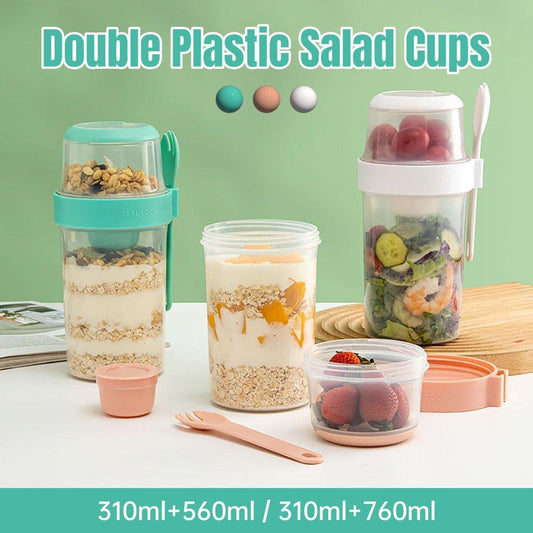 Double Plastic Salad Cup with Fork Sealed Breakfast Container for On-the-Go Meal - 560ml-Pink.