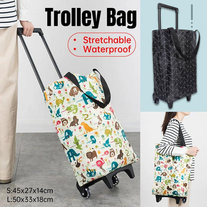 Lightweight Folding Shopping Cart Trolley with Wheels Retractable Tote Bag - White-Big