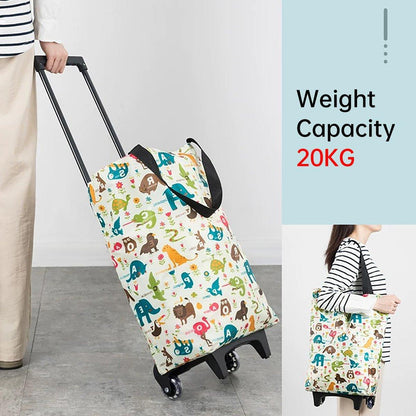 Lightweight Folding Shopping Cart Trolley with Wheels Retractable Tote Bag - White-Big