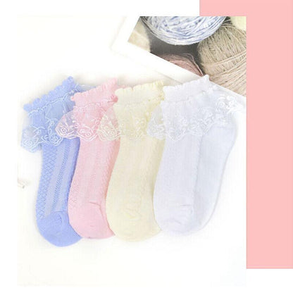 Lace Ruffle Frilly Short Socks for Girls Ankle Length M Size Fits 4-6 Years - Yellow