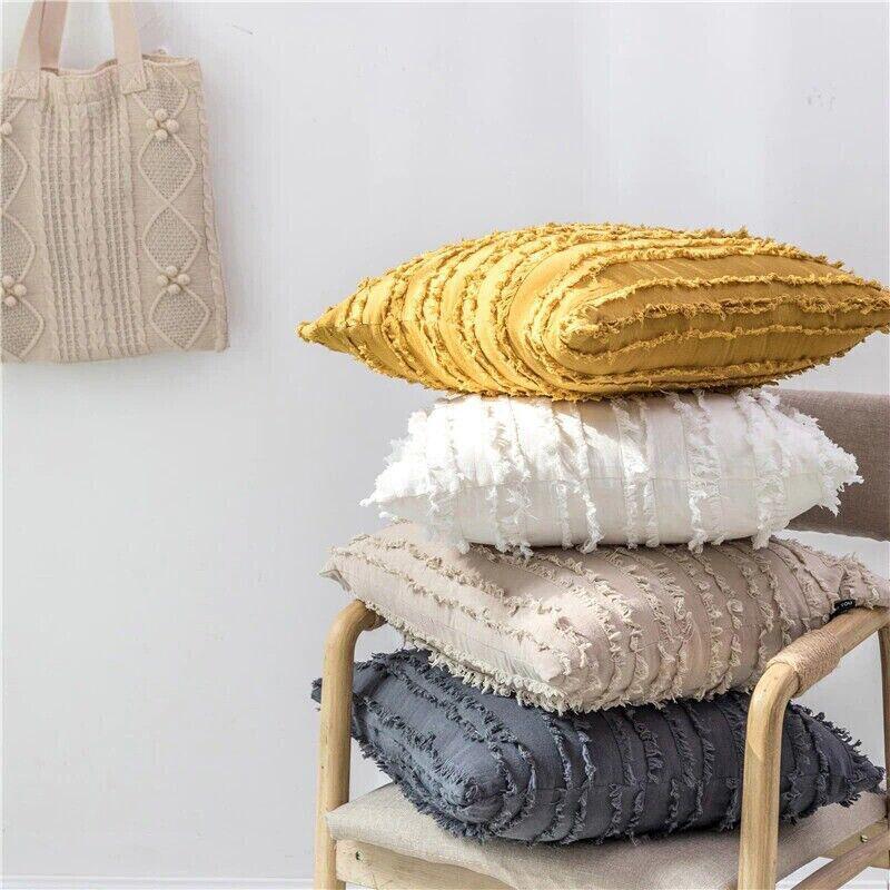 Boho Tassel Fringe Striped Cushion Cover Soft Home Decor Sofa Throw Pillow Case - White