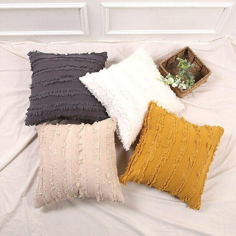 Boho Tassel Fringe Striped Cushion Cover Soft Home Decor Sofa Throw Pillow Case - White